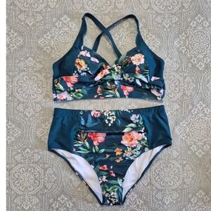 Hanna Nikole Floral High Waisted Bikini Set Teal Plus Size XL New With Tags